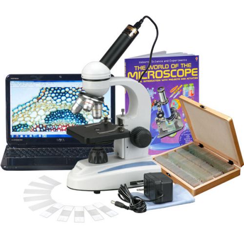 40x-1000x glass lens metal body student microscope + 100 specimens, book, camera for sale