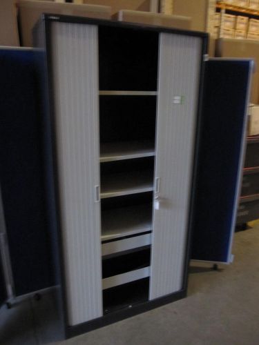 Tall grey roneo tambour cabinet with shelves and drawers for sale