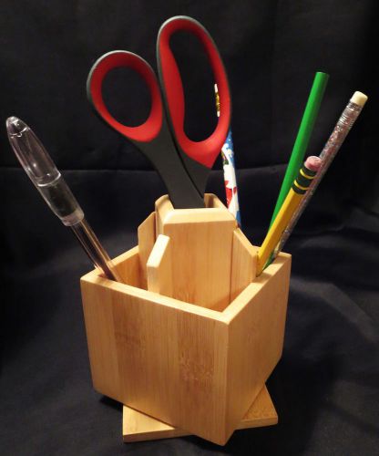NEW Spinning Pen Holder Desk Organizer Nice Coworker Gift Earthy Natural Bamboo