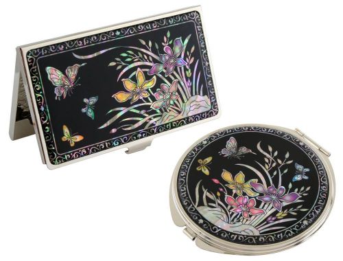 Nacre orch   Business  card holder case Makeup compact mirror gift set #02