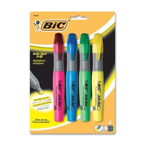 BIC Brite Liner Grip XL Highlighter -Chisel- Fluorescent Assorted Ink- 4/Pk