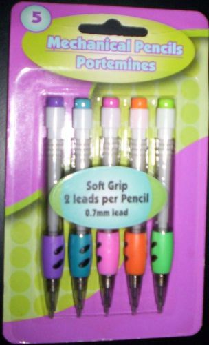 SOFT GRIP MECHANICAL PENCILS W/ ERASERS- PACK OF 5~ASSORTED COLORS~