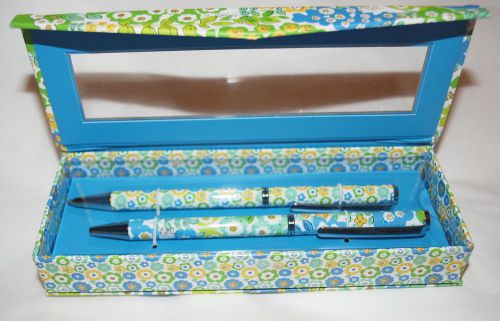 NEW Vera Bradley Blue Green ENGLISH GARDEN Ballpoint Pen Mechanical Pencil Set
