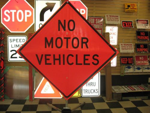 No Motor Vehicles Fluorescent Vinyl With Ribs Road Sign 48&#034; X 48&#034;