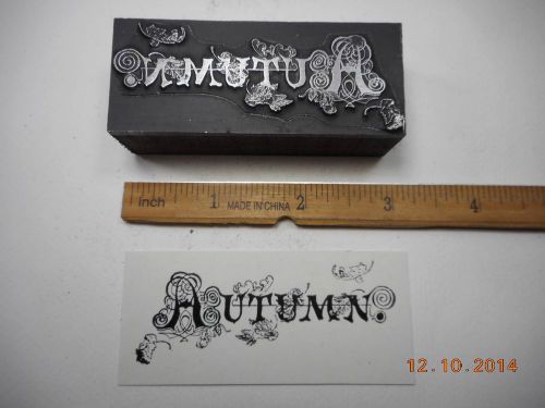Letterpress Printing Printers Block, Autumn, word with Blowing Leaves