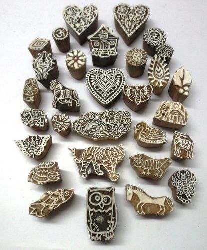 LOT OF 30 WOODEN HAND CARVED TEXTILE PRINTING FABRIC BLOCK STAMP PATTERNS GIFT