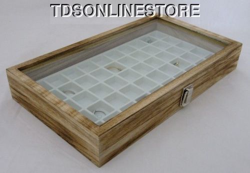 Rustic Antique Oak Color 50 Slot Jewelry Glass Top Display Case White