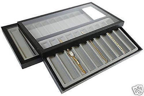 2-10 SLOT ACRYLIC LID JEWELRY DISPLAY CASE GRAY TRAY