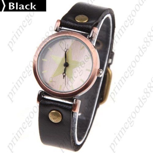 Star Face PU Leather Quartz Wrist Wristwatch Women&#039;s Free Shipping Black