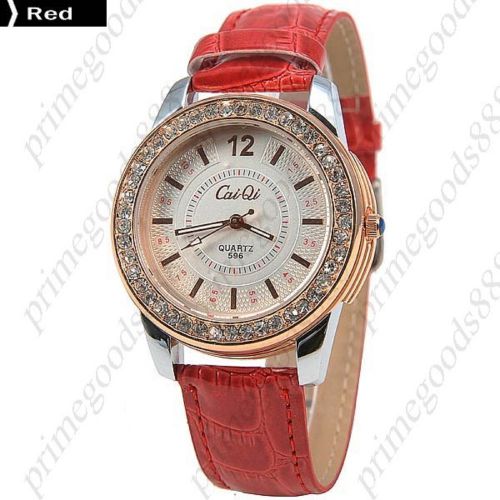 Rhinestones PU Leather Analog Quartz Wrist Lady Ladies Wristwatch Women&#039;s Red