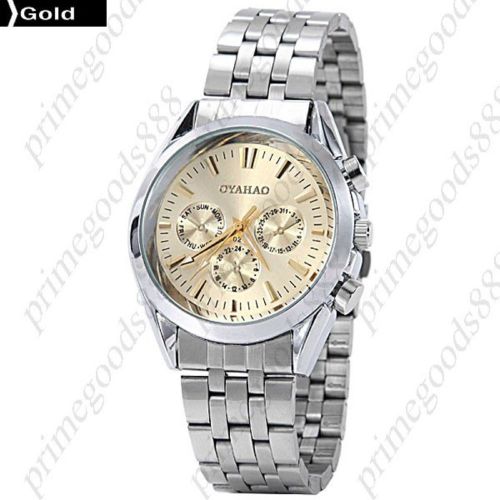 Round quartz analog silver stainless steel band wrist men&#039;s wristwatch gold face for sale