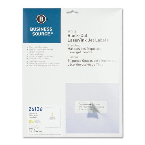 Business Source Block-Out Labels, Full Sheet, 8-1/2&#034;x11&#034;, 25 per Pack, White