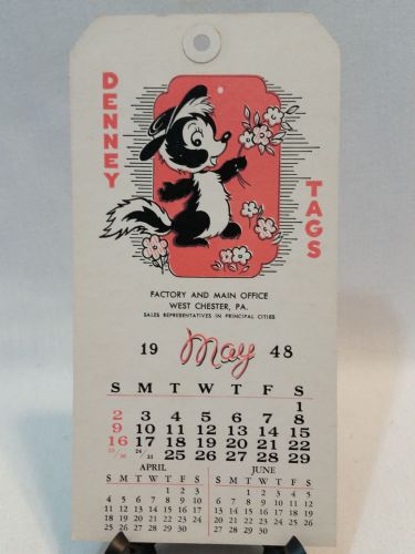 VINTAGE DENNEY TAG CO. MAY 1948 CALENDER TAG - FREE SHIPPING