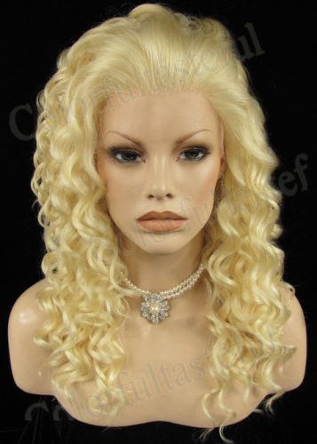 Matte blond fluffy curly front lace hand tied woven heat resistant synthetic wig