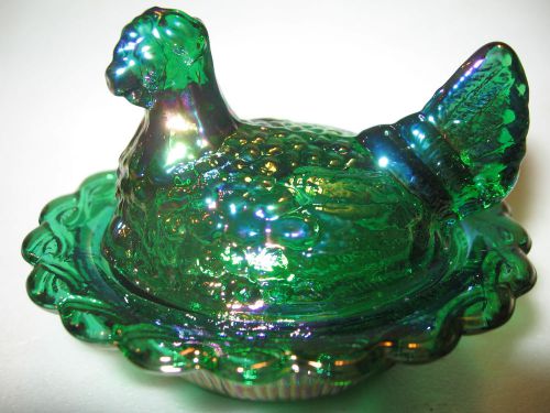 hunter Green carnival glass hen / chicken on nest basket dish rooster iridescent