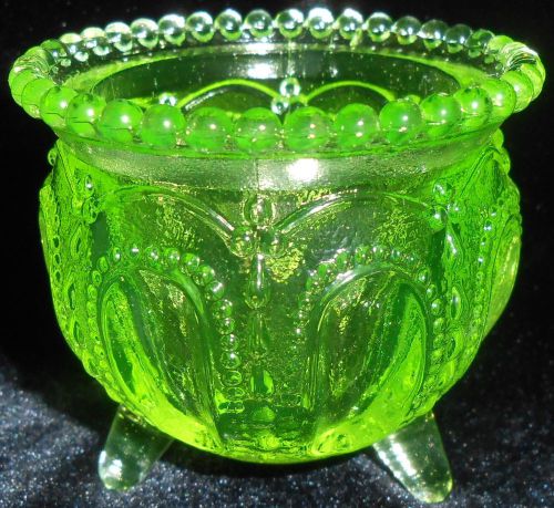 Green Vaseline glass toothpick holder uranium Canary yellow Gypsy pot kettle art