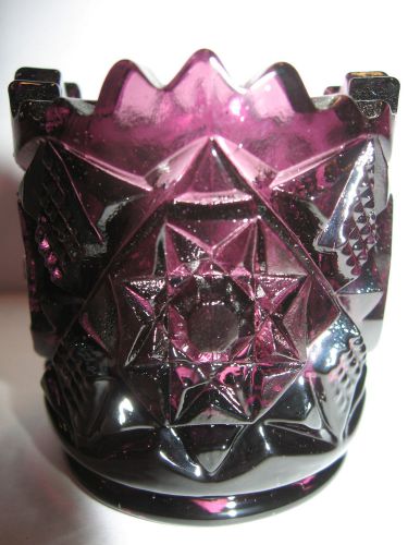 Amethyst glass tabletop toothpick holder purple star diamond pattern black clear