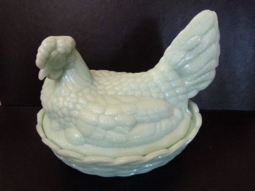 Jadeite Glass Hen Chicken on Nest Basket Candy Butter Dish Rooster jade 9&#034;