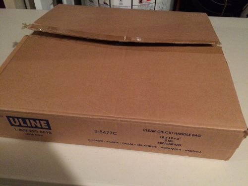 Uline s-5477c 2 mil clear plastic shopping bags 18x19x3&#034; die cut handle 500 pack for sale