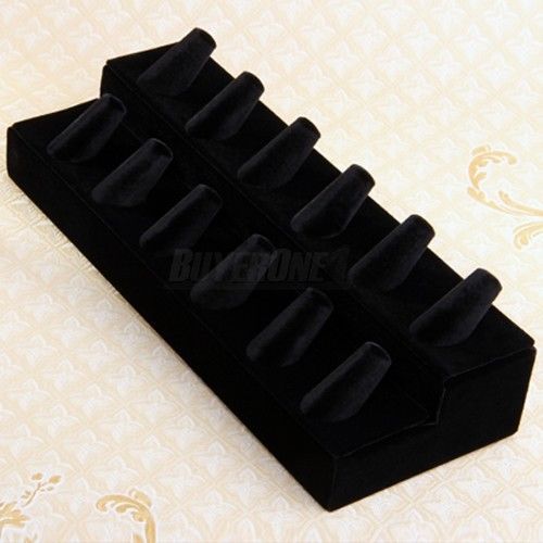 Black velvet jewelry 12 finger ring display show stand holder 10x3.9&#034; fashion for sale