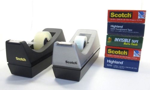 LOT 2 Scotch 3M C-38 Desktop Tape Dispensers Black &amp; Sparkly Silver +5 NIP Rolls
