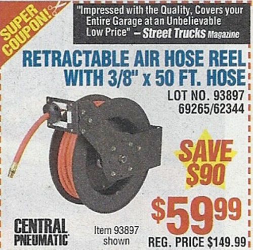 $90.00 SUPER COUPON  Harbor Freight Retractable Air  Water Hose Reel with 3/8
