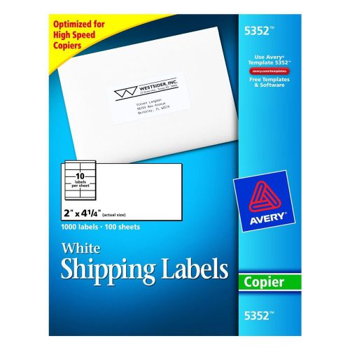 Avery White Shipping Labels for Copiers 5352, 2&#034; x 4-1/4&#034;, Box of 1000