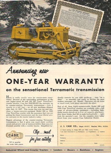 1957 case model 1000 terratrac tractor ad, &#034;new one-year warranty&#034; for sale