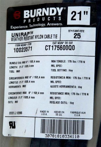 BURNDY 21&#034; Unirap Nylon Weather Resistant Wire,Cable Zip Ties,25 Count,USA Made