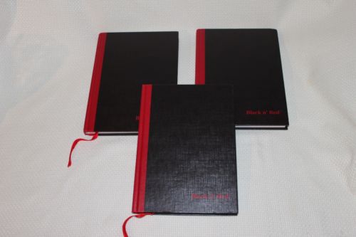 Three (3) Black n&#039; Red Casebound Notebooks, Ruled, 8.25 x 5.875 Inches, 96 Pages
