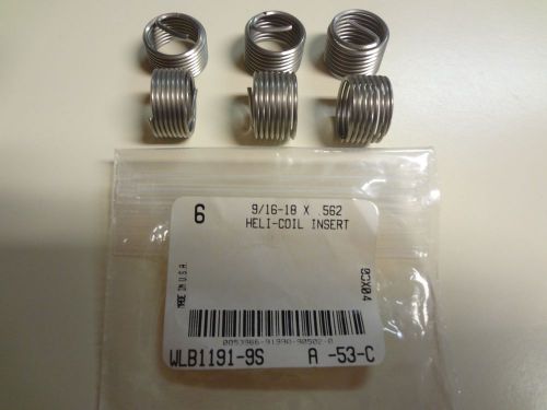 HELICOIL 1191-9 Helical Insert, Stainless 9/16-18 x .562&#034; L-NEW-Pack of 6