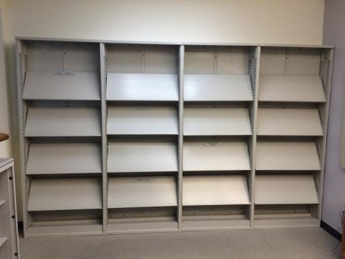 Metal Library Slanted Business Journal Shelving LOT OF (4) SECTIONS 12FT TOTAL