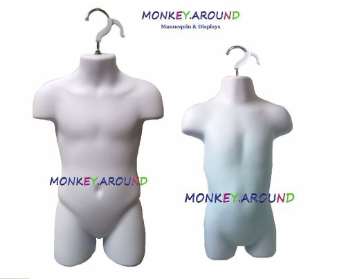 2 mannequin toddler child white dress hips body form +2 hangers-display clothing for sale