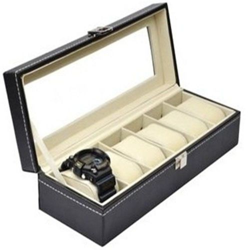 KLOUD City Black rectangle leather watch box holder for 6 watches with remova...