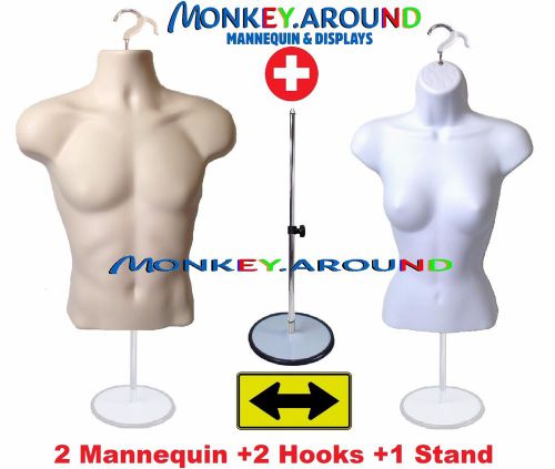 2 Mannequin Male Female White Flesh Form +1 Stand +2 Hook - Display Shirt Dress