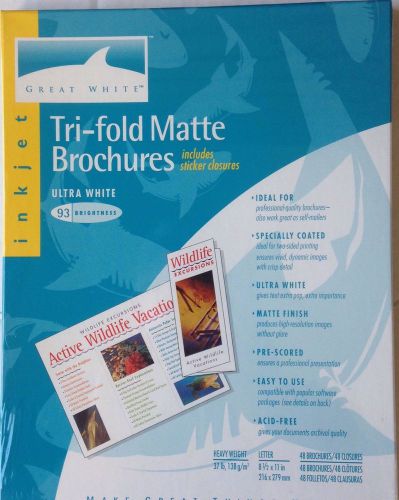 Great white Tri-fold Matte Brochures 48 Count NIB Ultra White