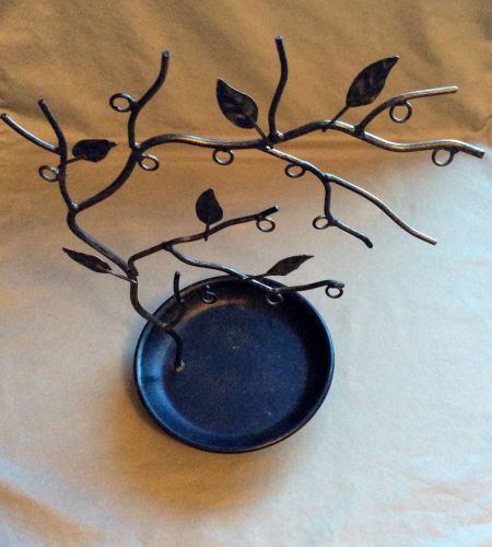 Jewelry Display Earring Necklace Tree with Tray Black and Brass