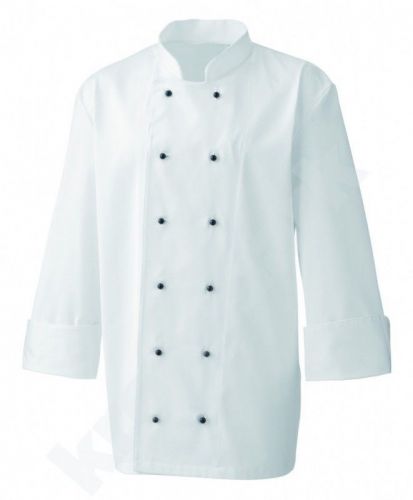 CHEFS JACKET, CATERING UNIFORM, WHITE WITH BLACK POPPER BUTTONS, BRAND NEW INS02