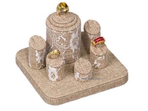 HOLDS 6 RINGS DISPLAY SET BURLAP w/LACE RING DISPLAY SHOWCASE RING DISPLAY SET