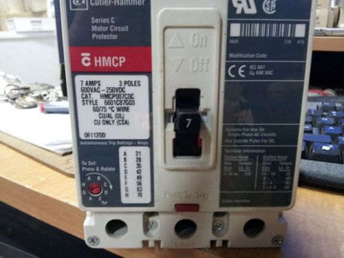 CUTLER HAMMER HMCP007C0C LIGHTLY USED 3P 7A 600V MOTOR CIRCUIT PROTECTOR #B30