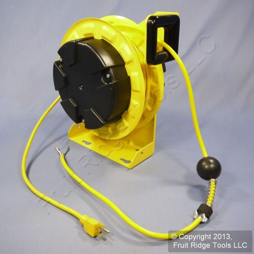 Woodhead yellow standard cord reel 50ft 5-15 120v 8a 16-3 sjow cord pigtail 980 for sale