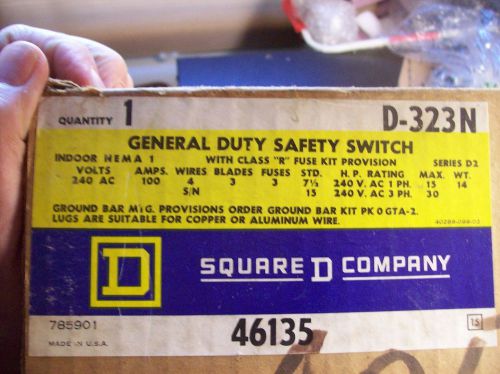SQUARE D,D323N 100A,240V,3P, D2-SERIES Fusible,Gen. Duty Safety Switch (NIB)