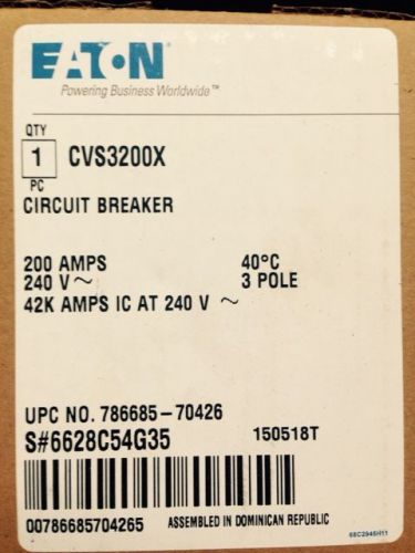 Eaton cutler hammer cvs3200x industrial circuit breaker 200 amps 3 pole 240v nib for sale