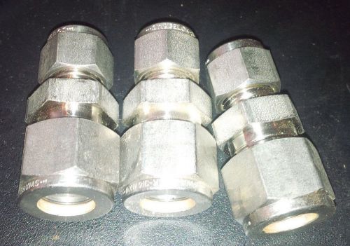 Lot of 3 swagelok 3/8&#034; unions, ss-810-6-6, stainless steel, 3/8 tube - 1/2 tube for sale