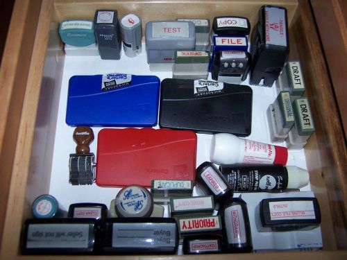 Large lot of 26 office stamps with ink pads black red blue for sale