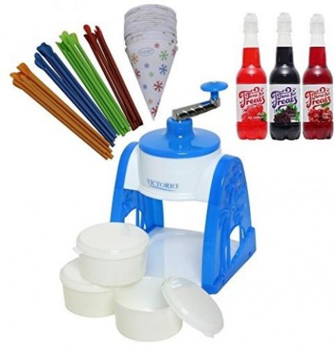 Snow Cone Gift Pack - Manual Snow Cane Maker; 3 Flavors of Syrup; 25 Snow Cone