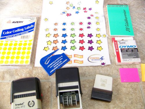 Office supplies mixed lot stickers, postit tabs, stamps, memo pad, dymo, etc. for sale