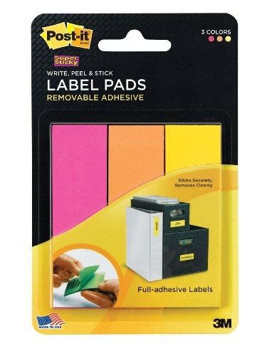 Post-it Super Sticky Removable Label Pads, 1 x 3 Inches, Fushia, Orange, and