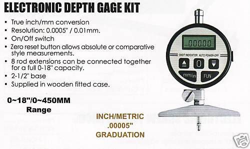 ELECTRONIC DEPTH GAGE NEW 2-1/2&#034; BASE RANGE 0 - 18&#034;