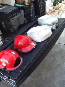 16 firefighters lot 2 hose 100 ft 2 red helmets cairns 660c polyflex nozzle huge for sale